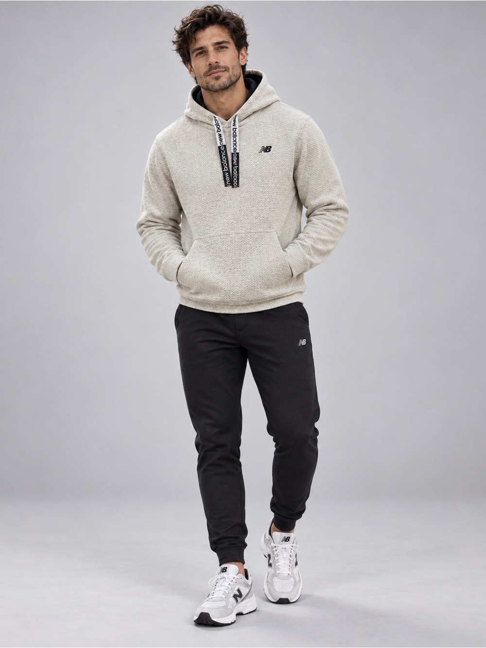 New Balance Men's Gray Cream Textured Hooded Pullover Sweatshirt Size XL